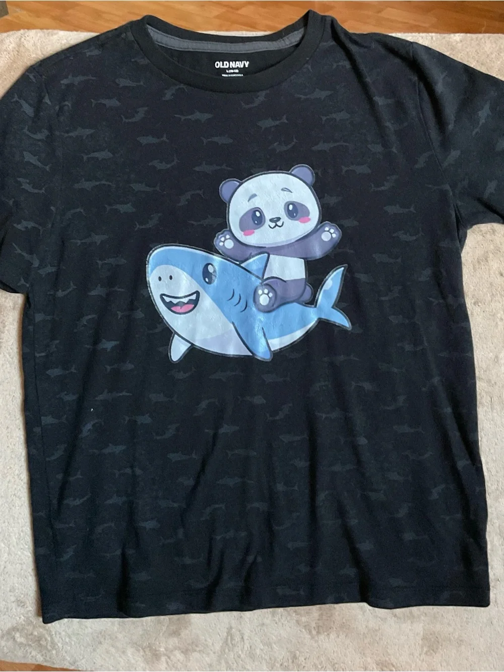 Old Navy Black Tee with Blue Shark and White Panda Graphic